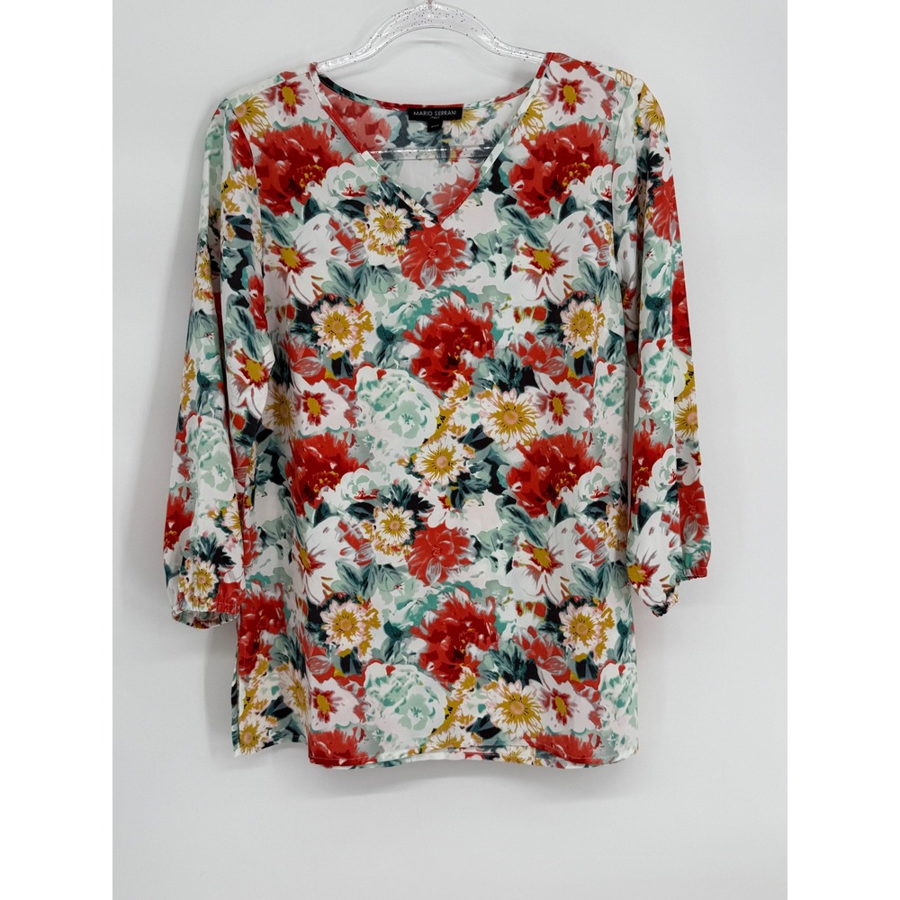 Mario Serrani Italy Womens Red Floral V-Neck 3/4 Sleeve Blouse Top Sz S